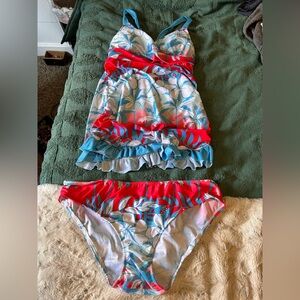 Floral Print Bikini Set - Red and Blue